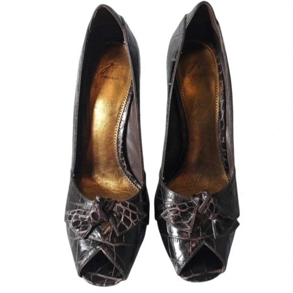 J Vincent Women's Size 10M Leather Peep Toe Heels‎ Brown Croc Embossed Pumps